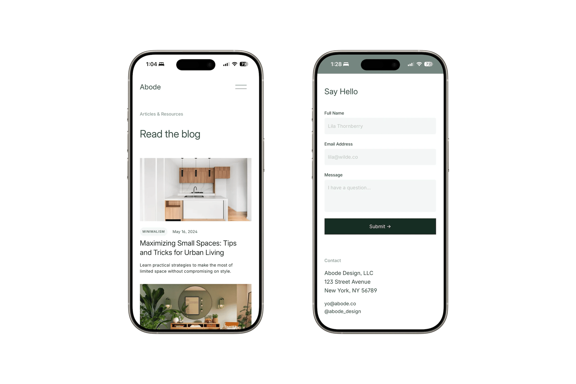 Abode Squarespace template for interior designers, shown on two phones (4 of 7)