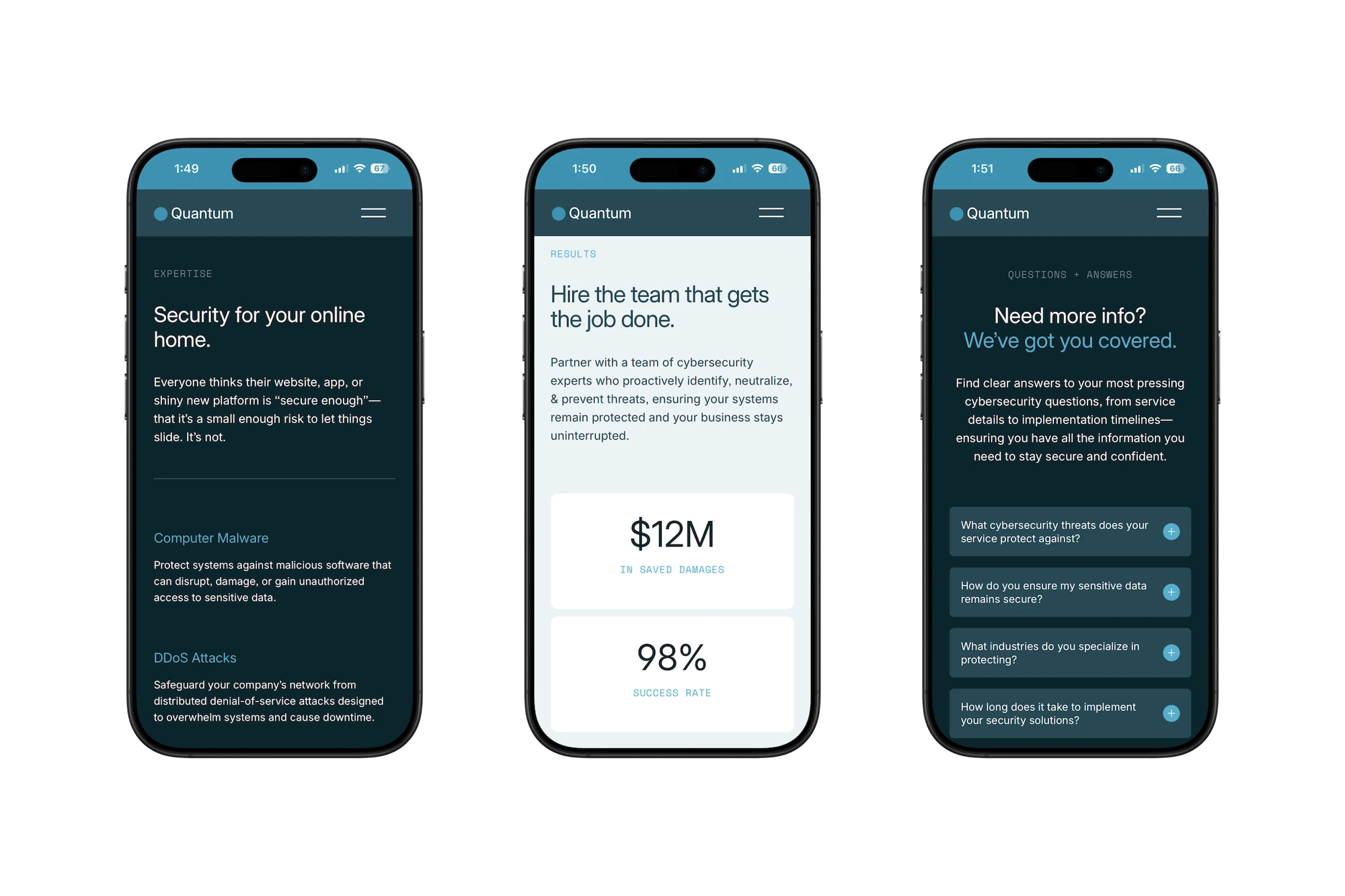 Quantum Squarespace template for cybersecurity teams, shown on two phones (1 of 7)