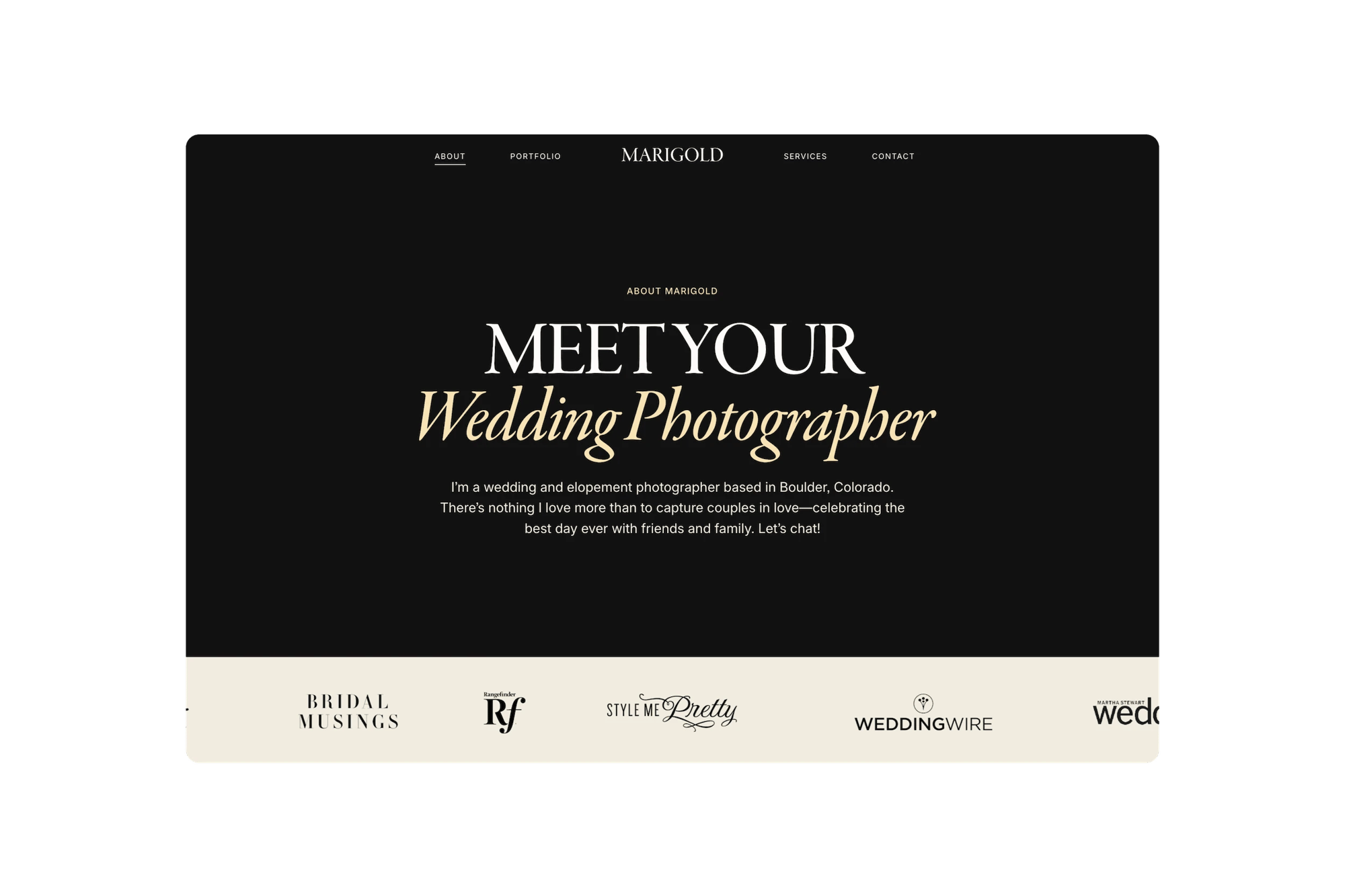 Marigold Squarespace template for wedding photographers, shown on a desktop screen (2 of 7)