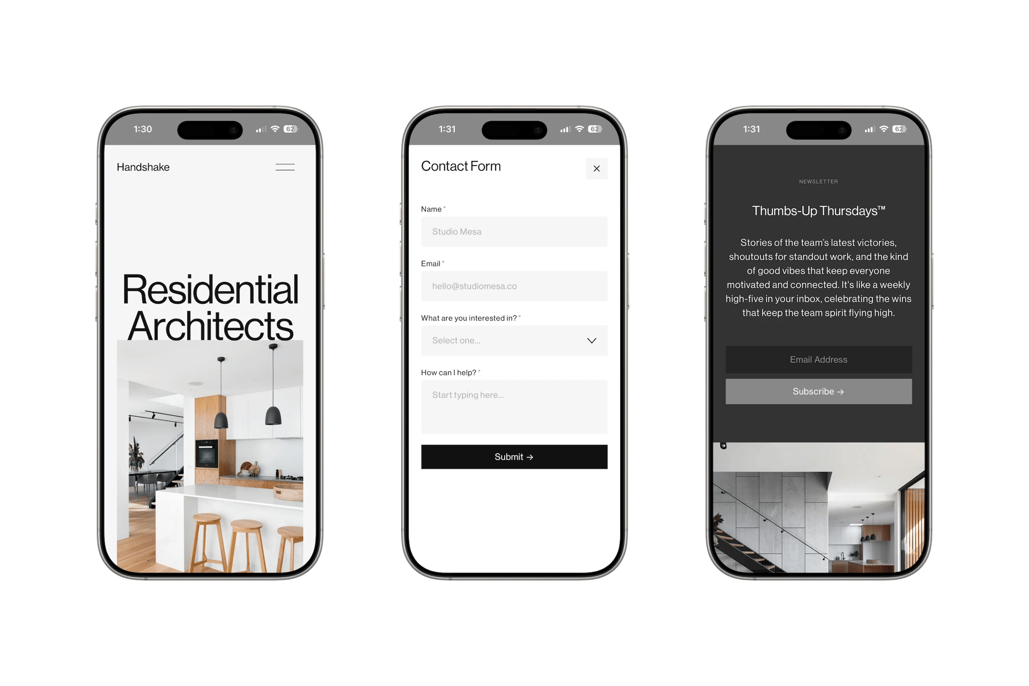 Handshake Squarespace template for architects, shown on two phones (1 of 7)