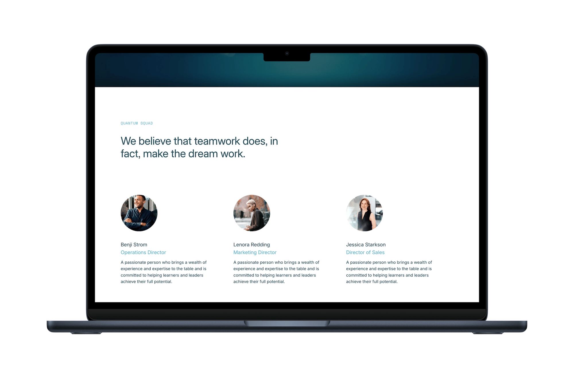 Quantum Squarespace template for cybersecurity teams, shown on a desktop screen (7 of 7)