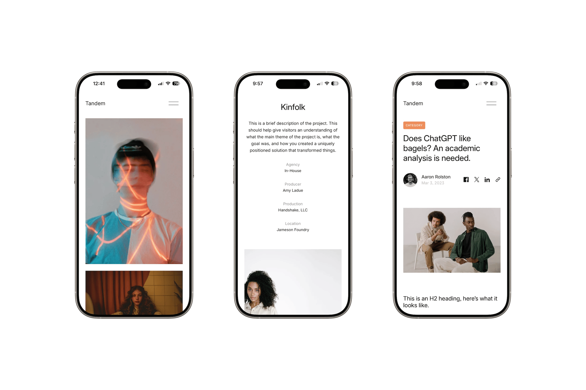 Tandem Squarespace template for photographers, shown on two phones (1 of 7)