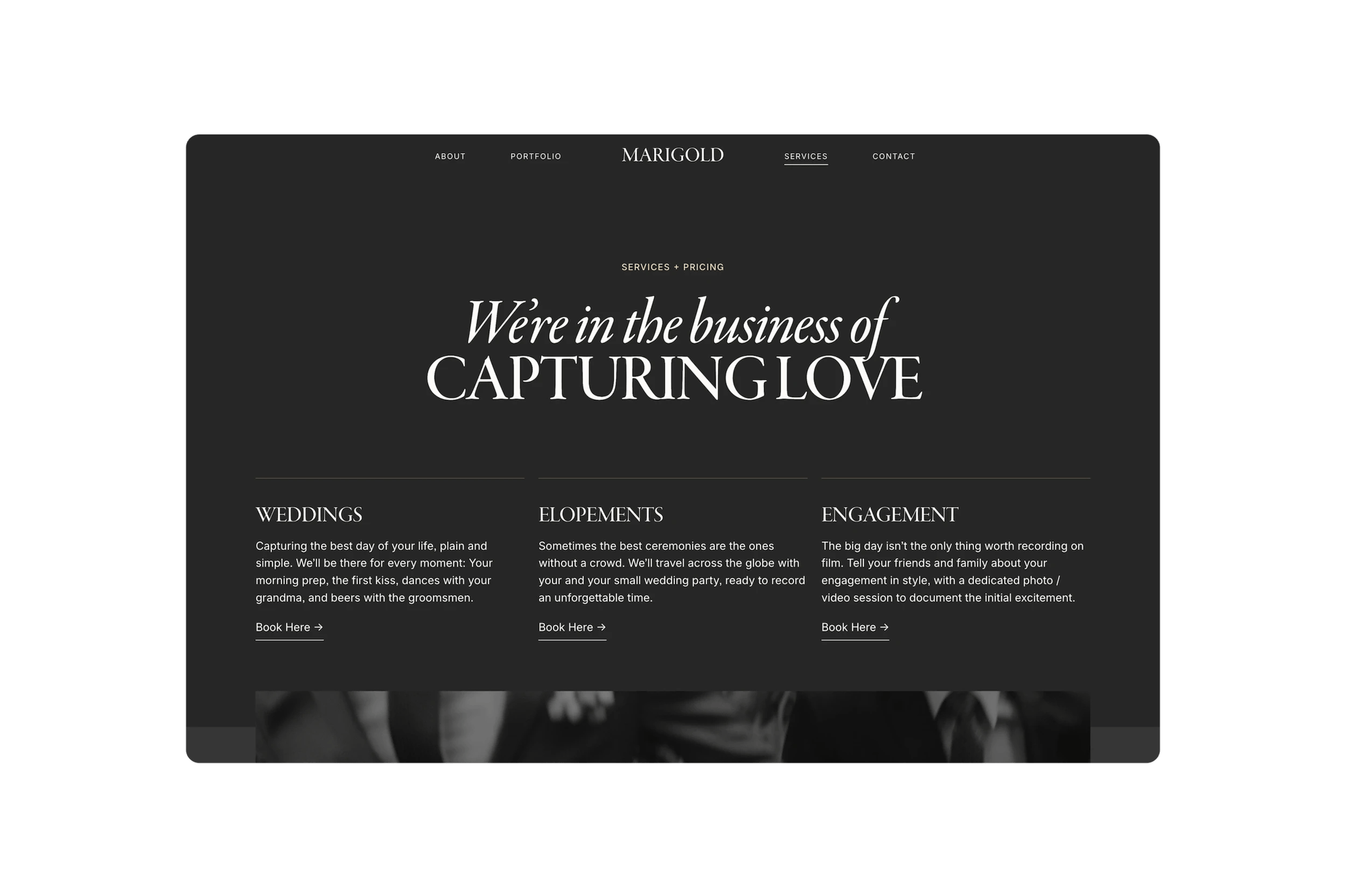 Marigold Squarespace template for wedding photographers, shown on a desktop screen (7 of 7)