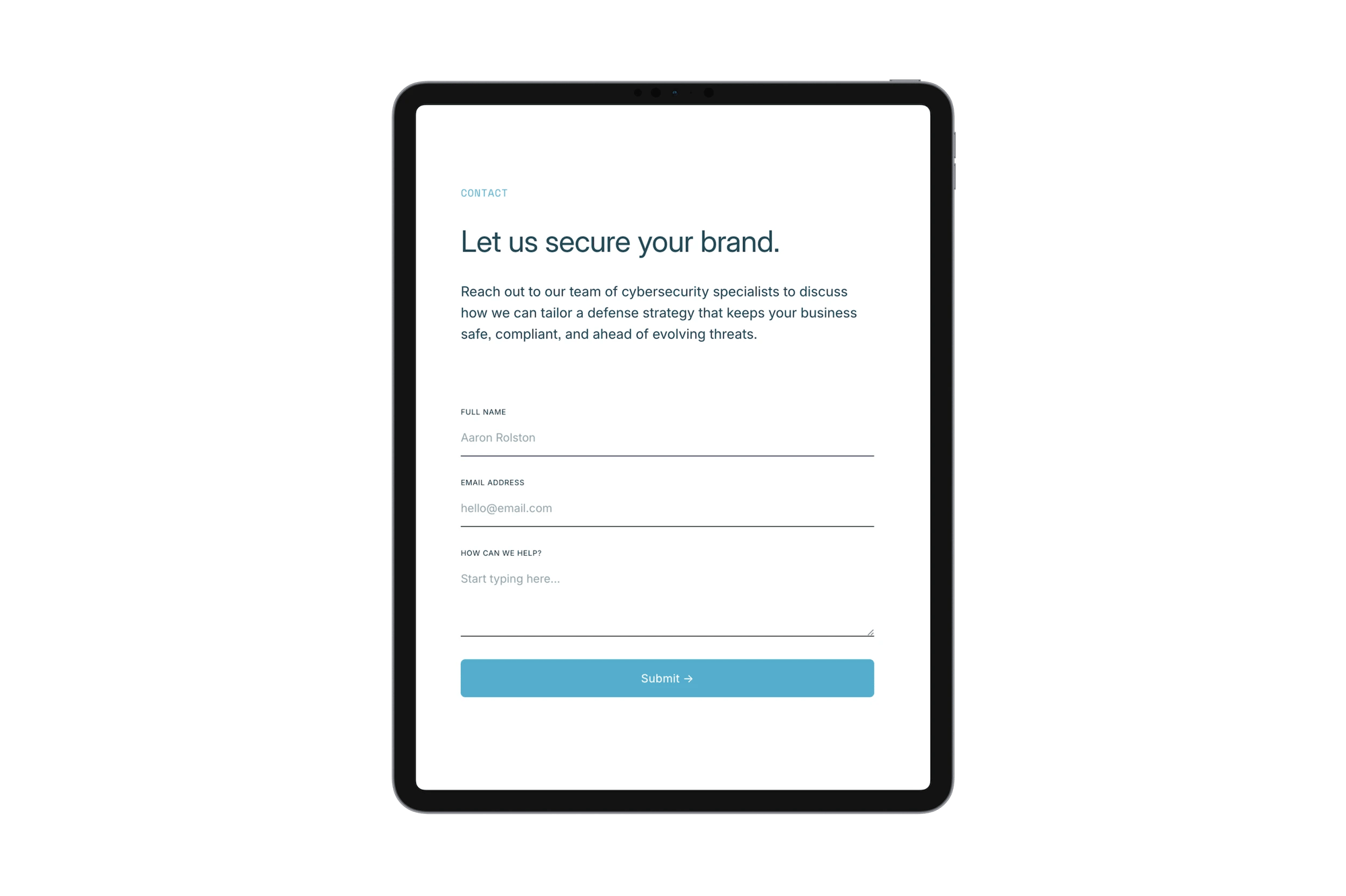 Quantum Squarespace template for cybersecurity teams, shown on a tablet (6 of 7)