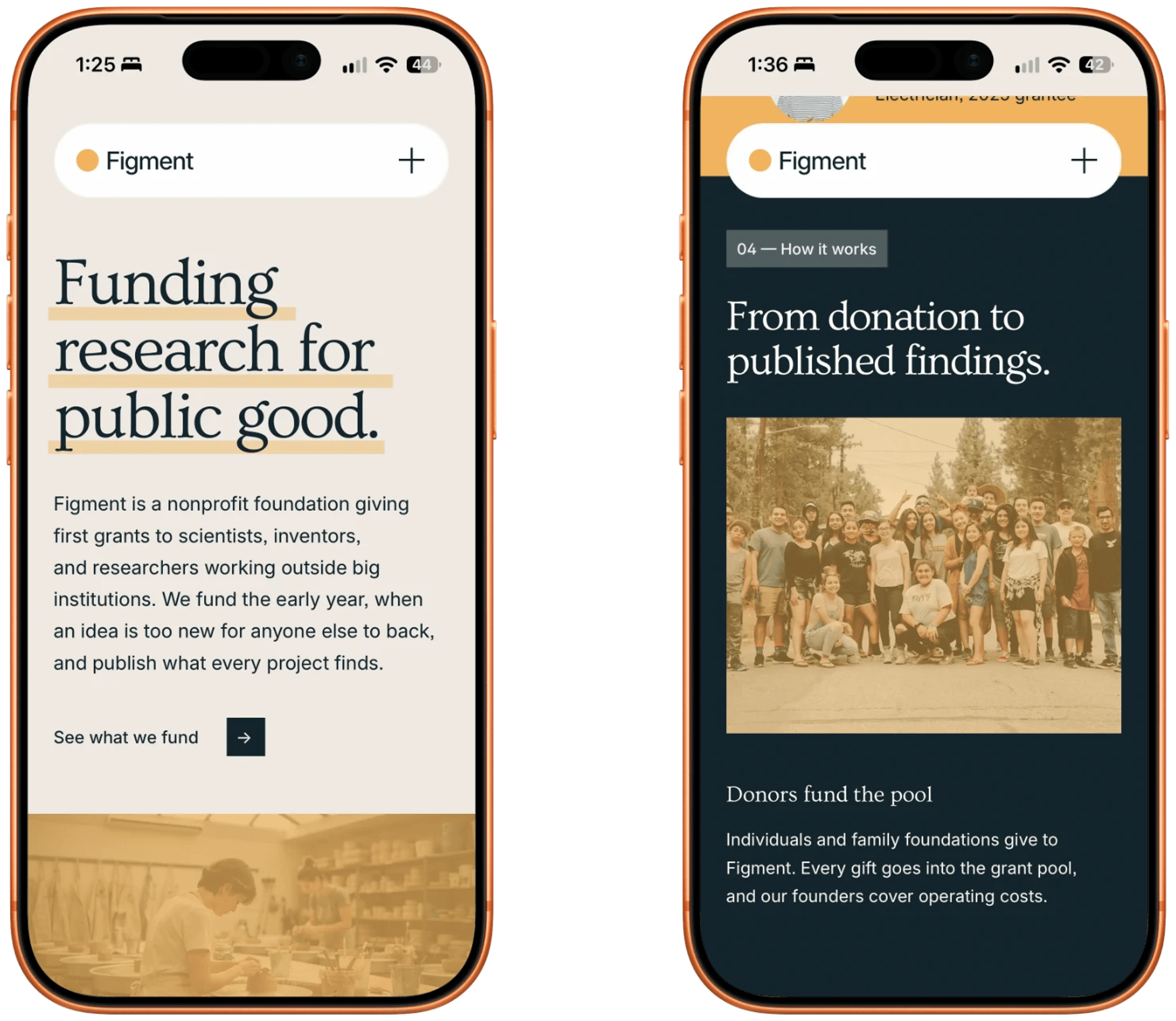 Figment's hero and How it works sections on two iPhones