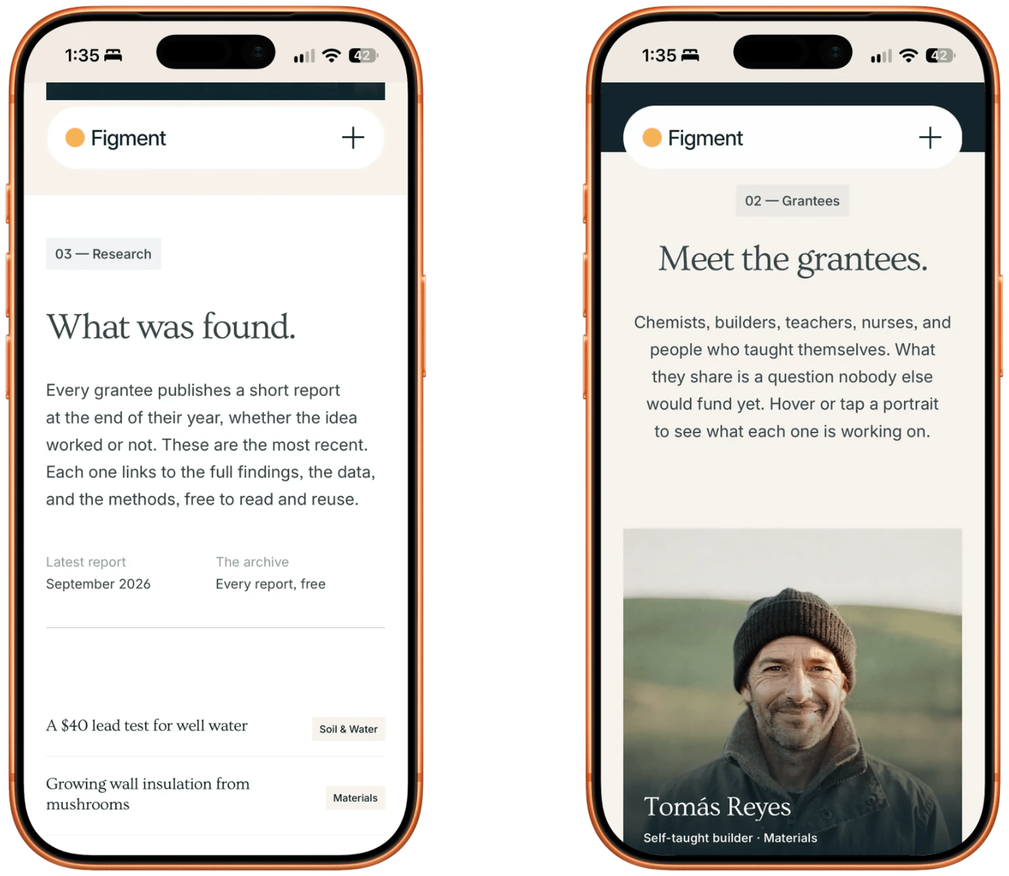 Figment's Research and Grantees sections on two iPhones