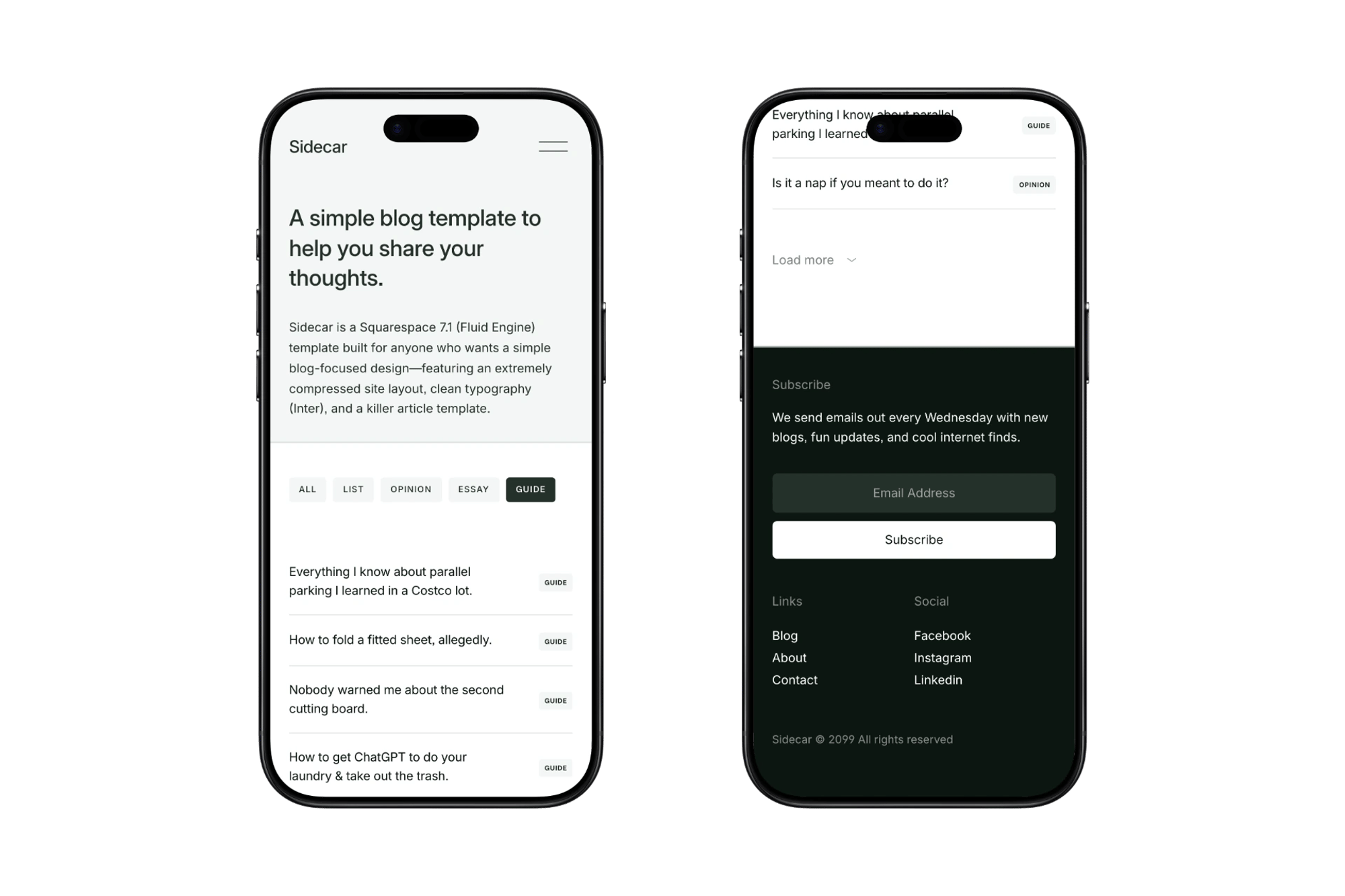 Sidecar home page filtered by category, and the subscribe footer, on two iPhones
