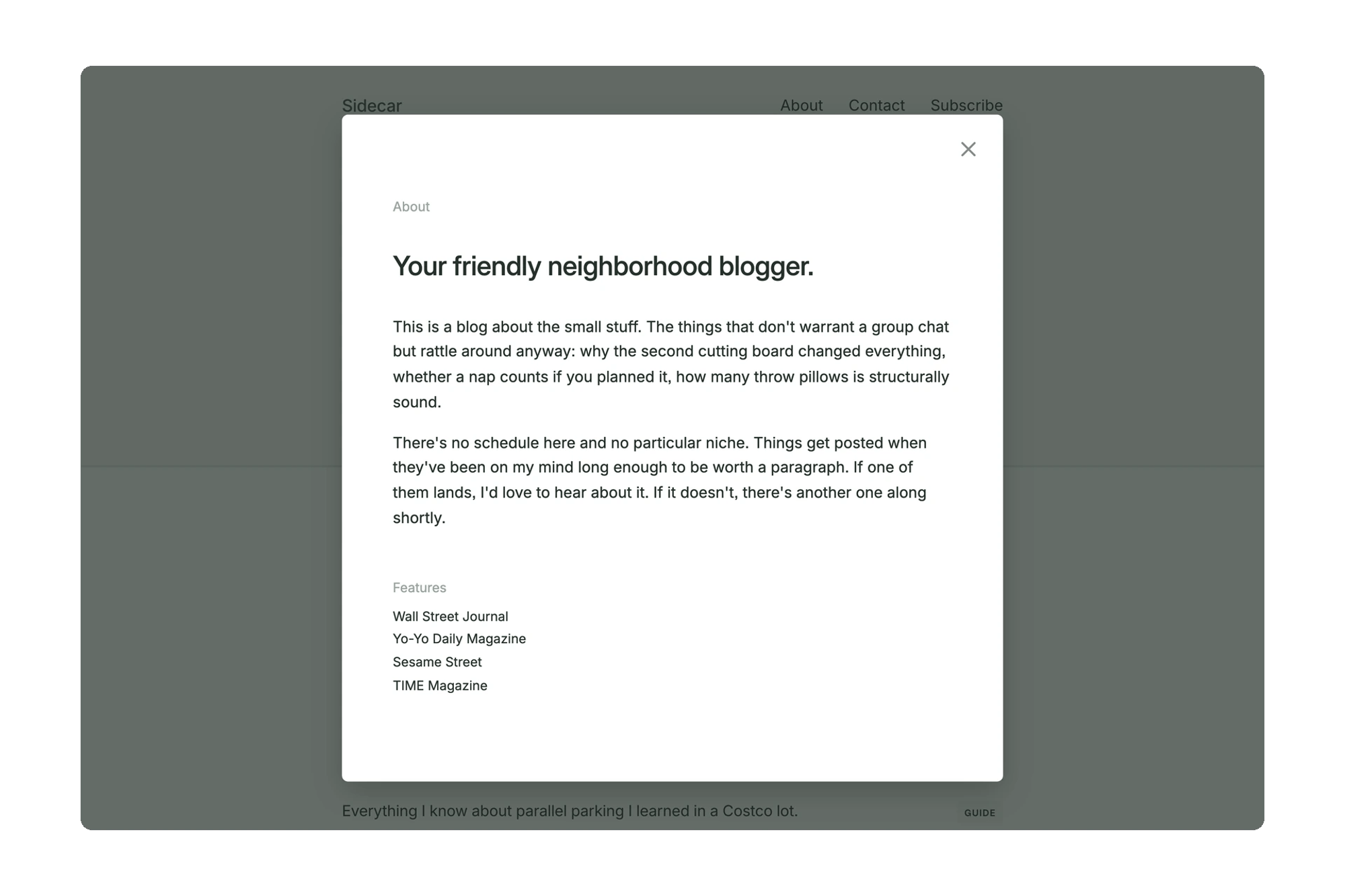 The Sidecar About modal open over the home page