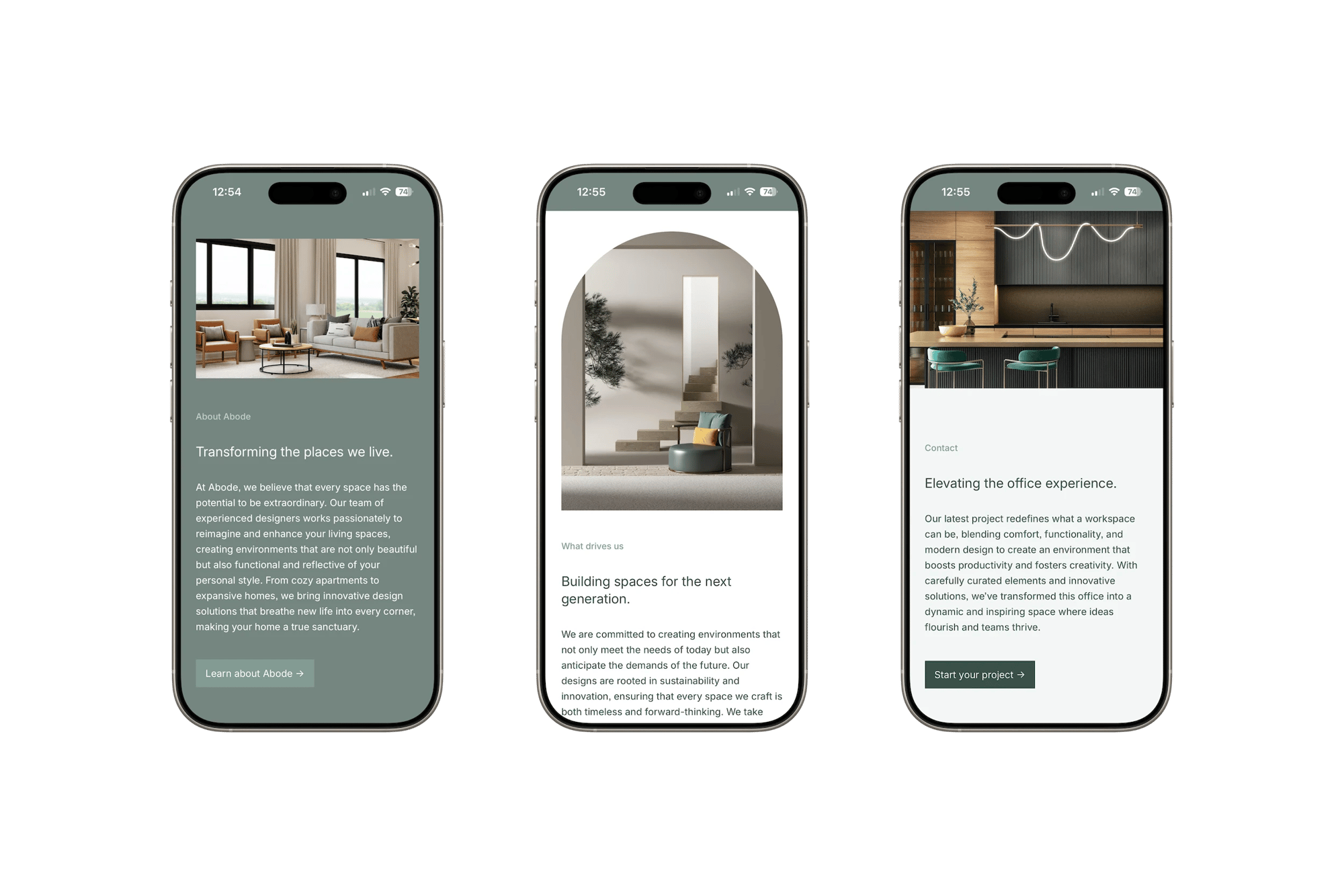 Abode Squarespace template for interior designers, shown on two phones (1 of 7)