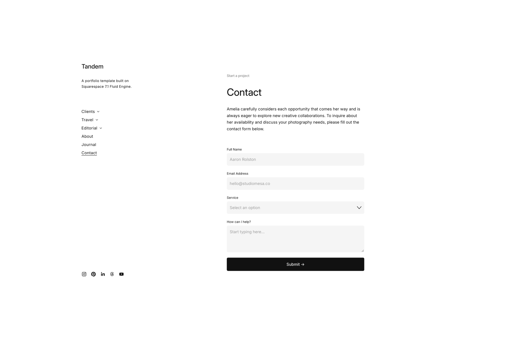 Tandem Squarespace template for photographers, shown on a desktop screen (2 of 7)