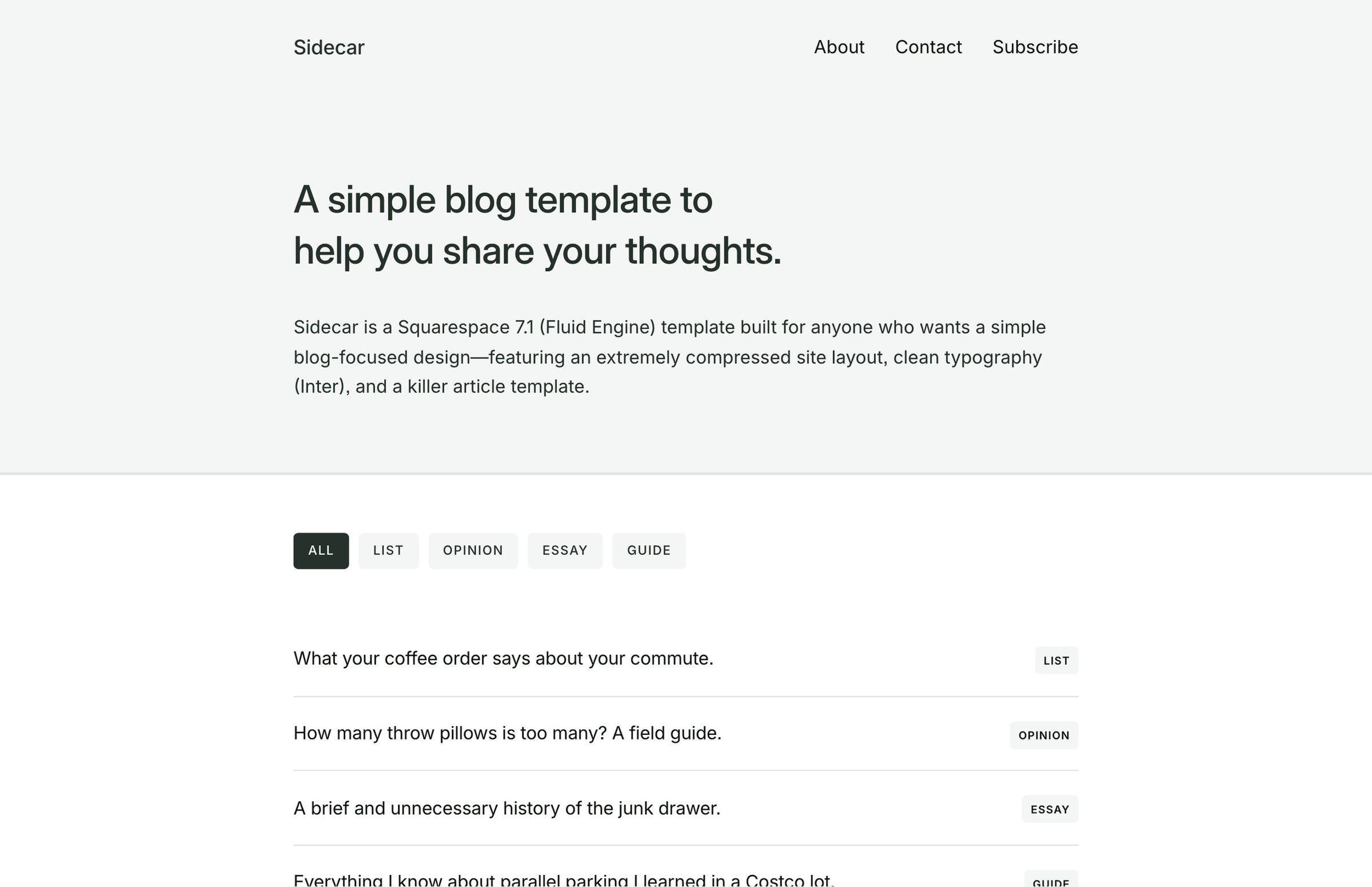 Sidecar, a one-page Squarespace blog template by Studio Mesa